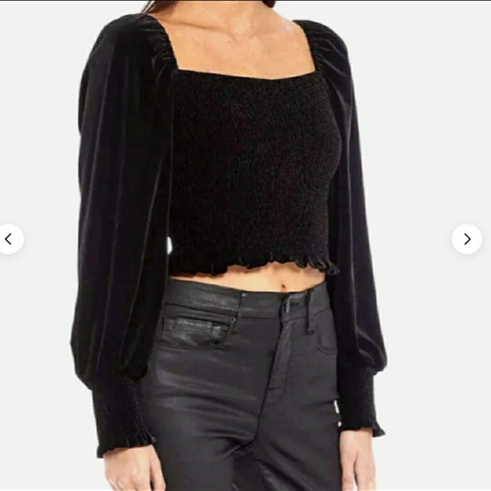 Gianni Bini Black Smocked Square-Neck Puff-Sleeve Crop Top